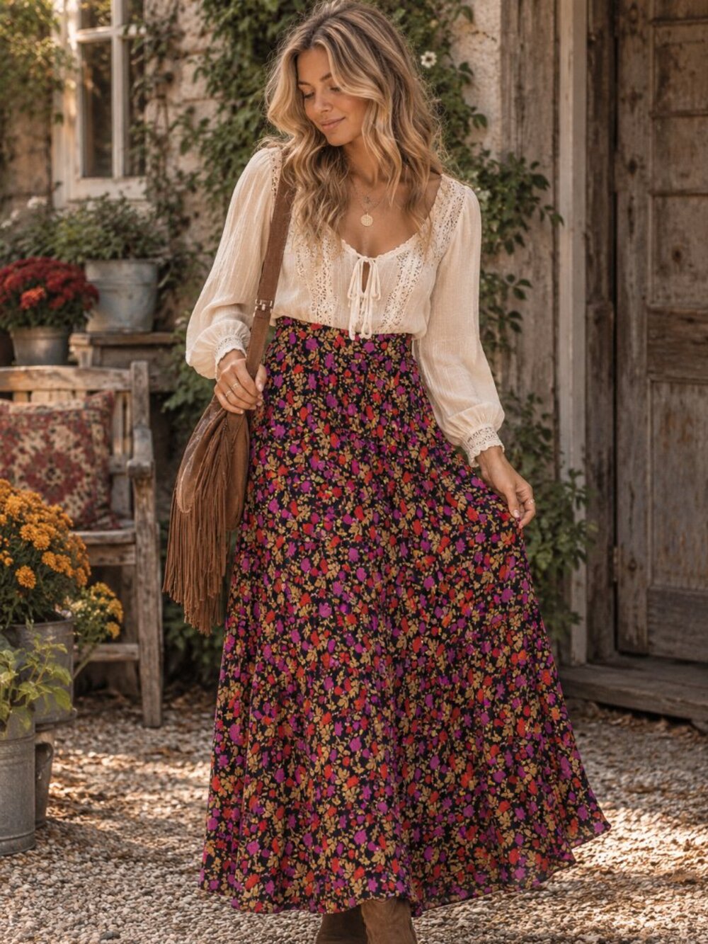 Skies Are Blue Floral Boho Maxi Skirt